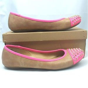 Candies sz 10 Vegan Leather Tan & Hot Pink Studded Ballet Flats